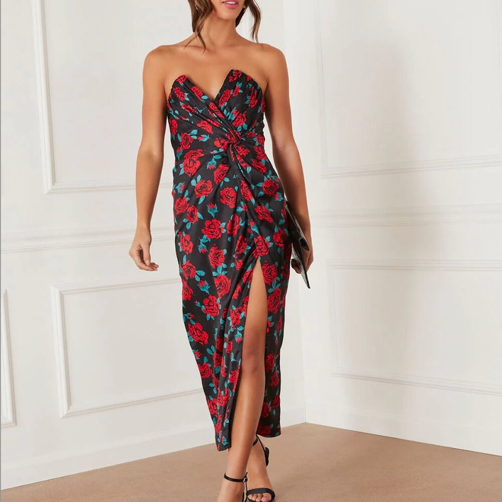 NWT Lovestruck Satin Strapless Floral Midi Dress